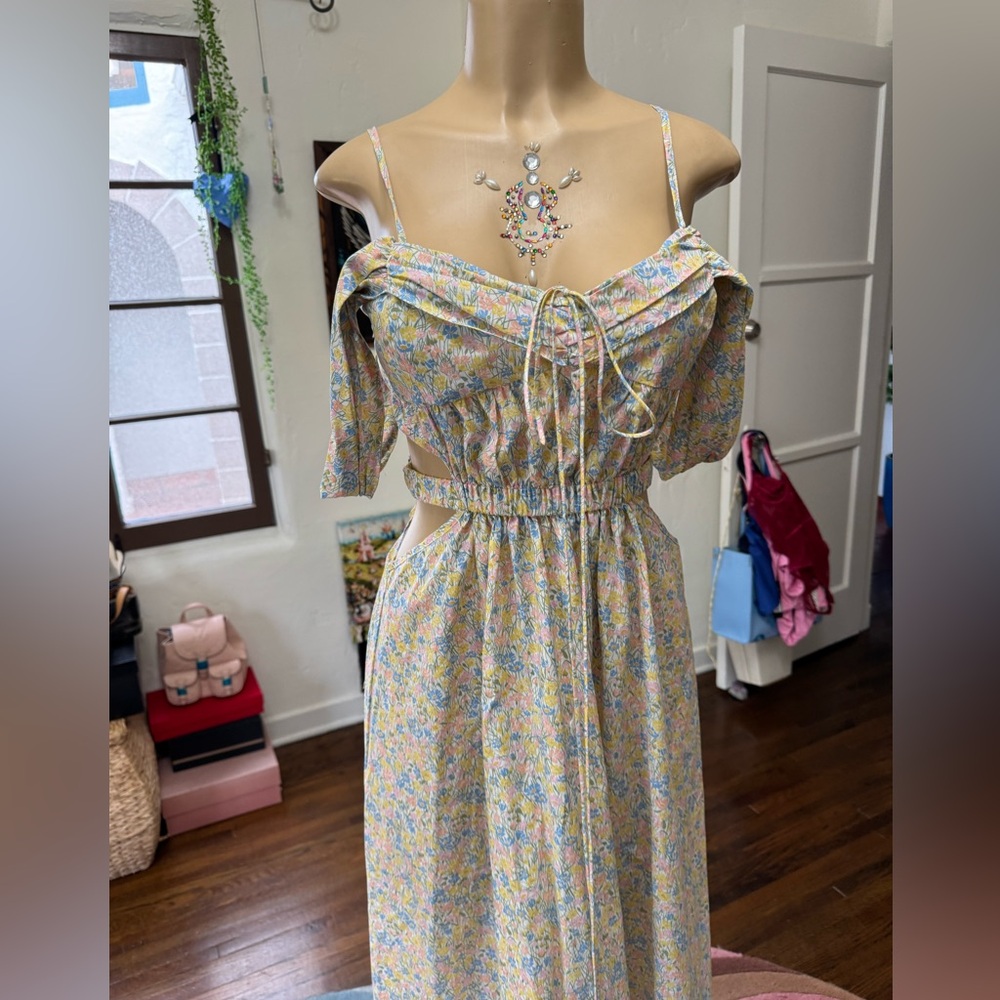 For Love And Lemons Pastel Floral Sexy Cold Shoulder Cut Out Midi Dress
